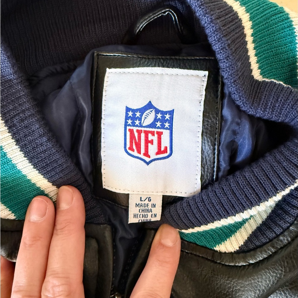 New with tags! NFL Team Apparel Miami Dolphins Faux Leather Bomber Jacket - Picture 3 of 9